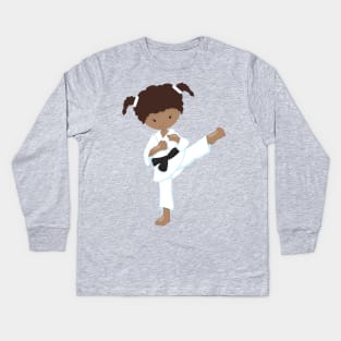 African American Girl, Karate Girl, Black Belt Kids Long Sleeve T-Shirt